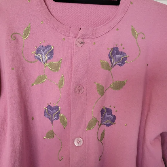 Handpainted Button Down Sweatshirt Dusty Rose w/Painted Florals Youth Sz 14/Lg - Picture 2 of 9